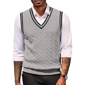 Coofandy Men Light Grey Fitted V Neck Sleeveless Knitted Pullovers Sweater Vest